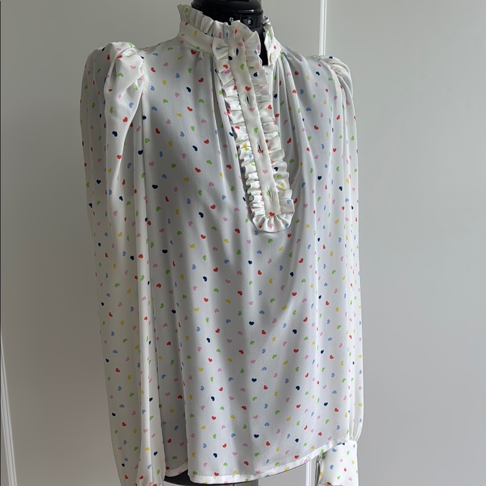 White Puff Sleeve Ruffled Blouse with Mandarin Collar